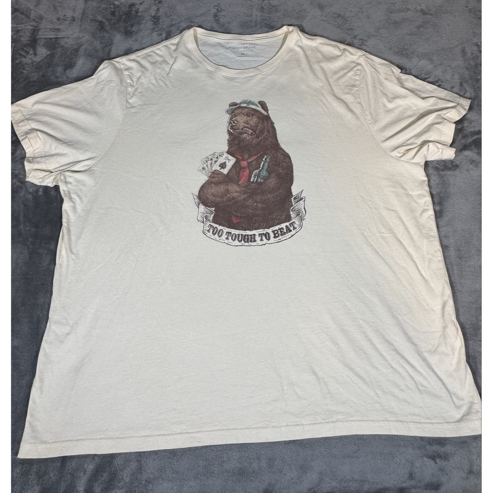 Lucky Brand Shirt Mens 3XL Off White Poker Bear Too Tough To Bear Funny Tee